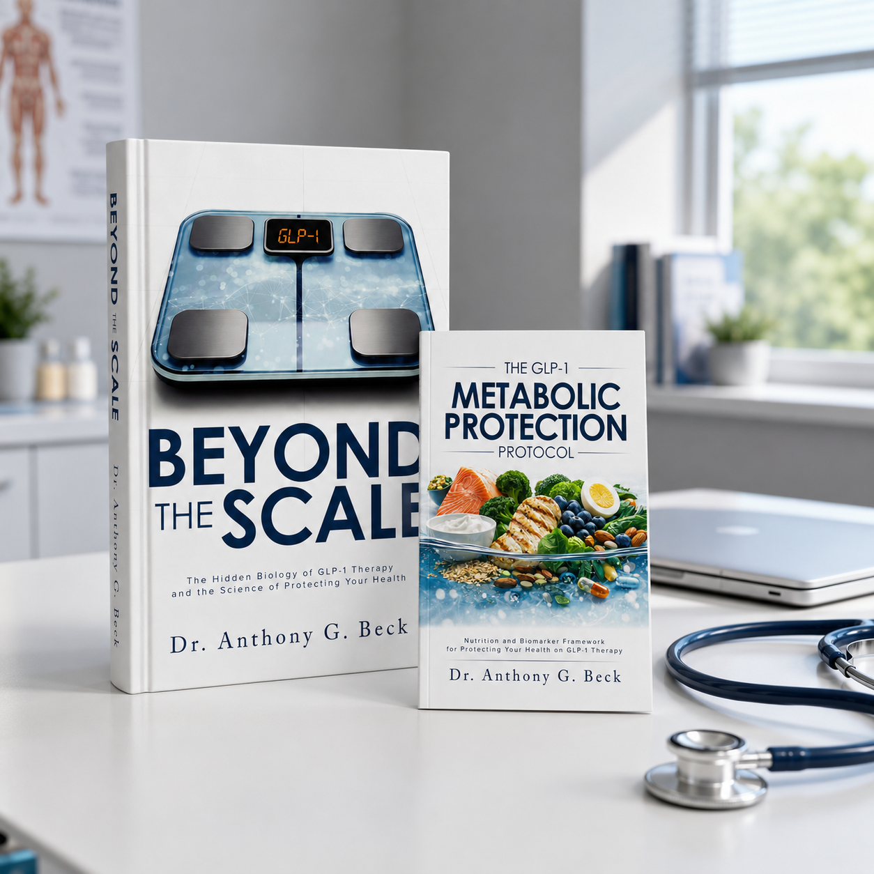 Beyond the Scale and The GLP-1 Metabolic Protection Protocol books displayed together on a clinical desk