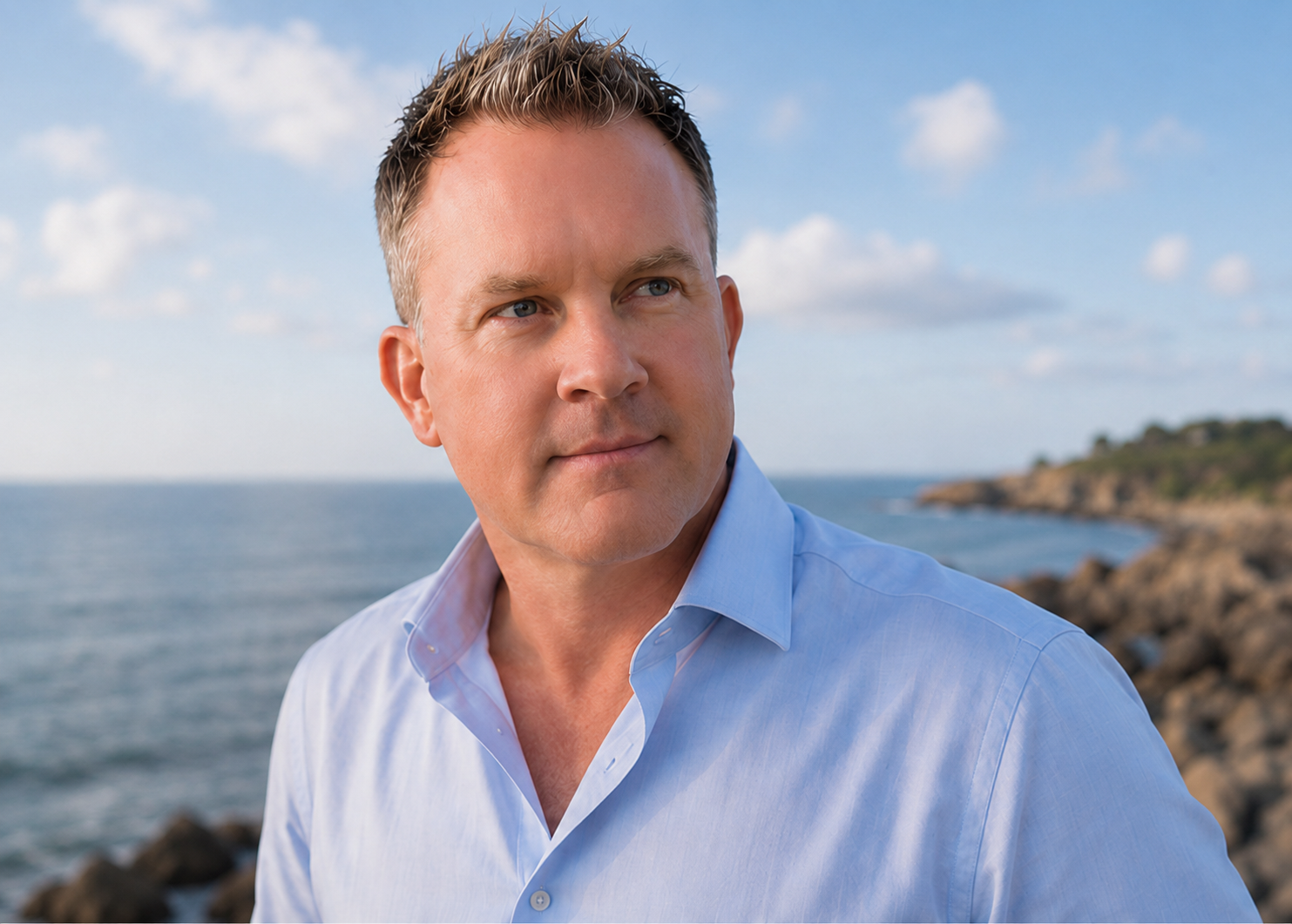 Anthony G. Beck standing near the coast, looking into the distance