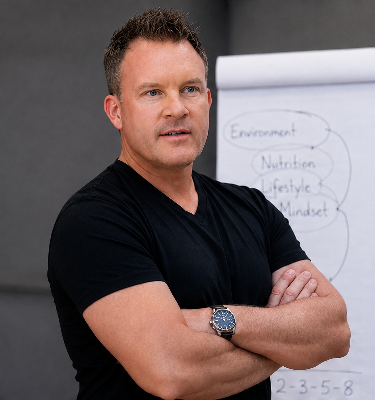 Anthony G. Beck standing with arms crossed beside a flipchart diagramming the 2-3-5-8 framework